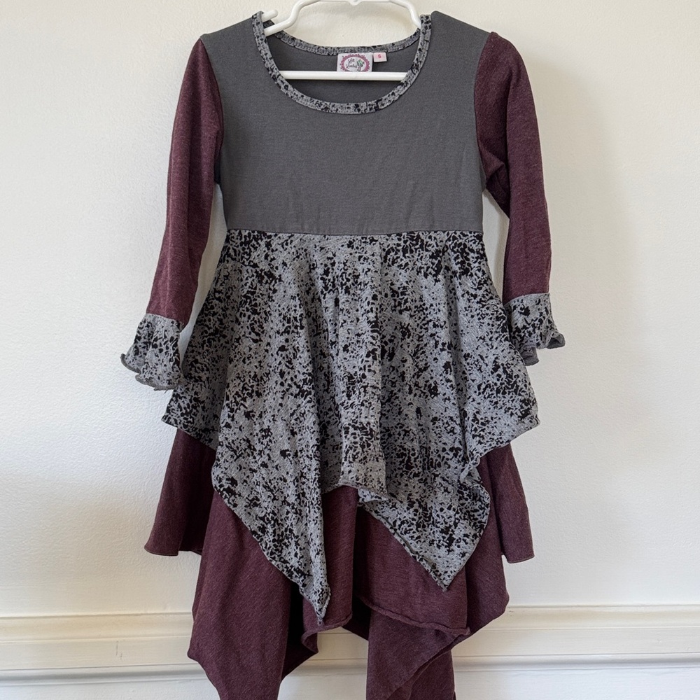 Girls' Layered Handkerchief Hem Dress in Gray and Plum